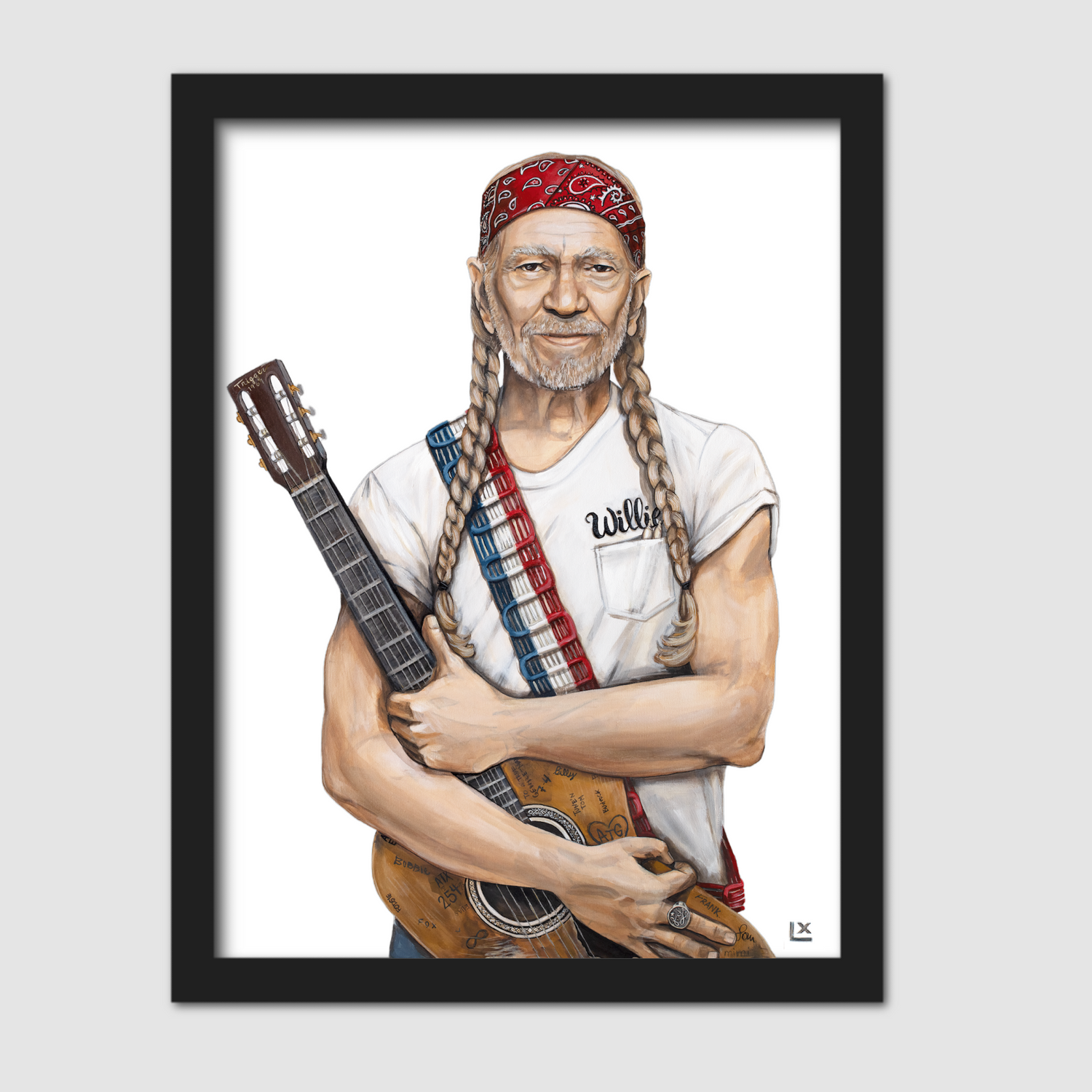Framed Paper print of Willie Nelson wearing red white and blue with guitar