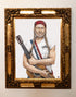 Framed painting of Willie Nelson wearing red white and blue holding guitar
