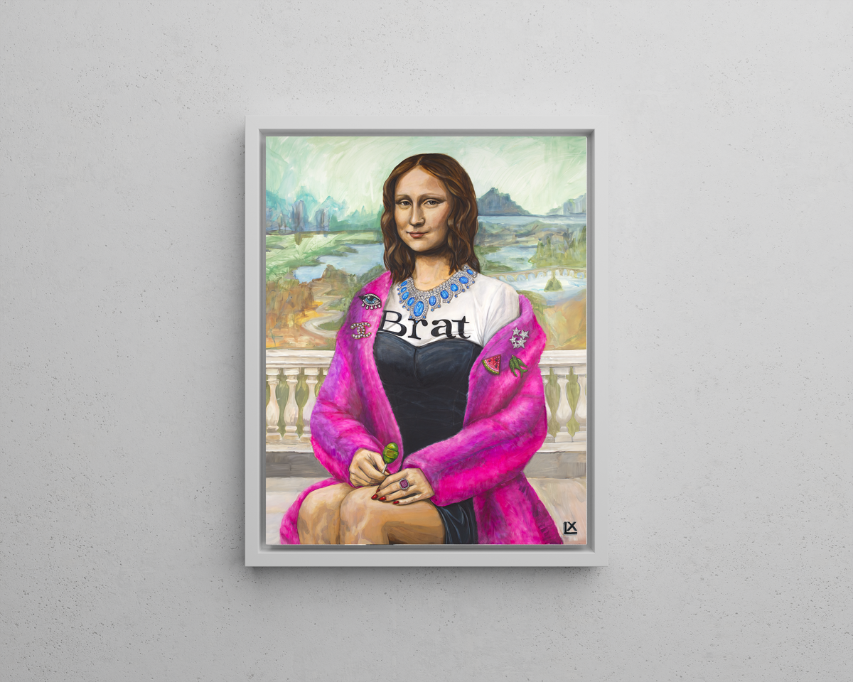 Modern Mona canvas print by artist Lindsay Ponce in a Gallery Style white floating frame on a grey wall