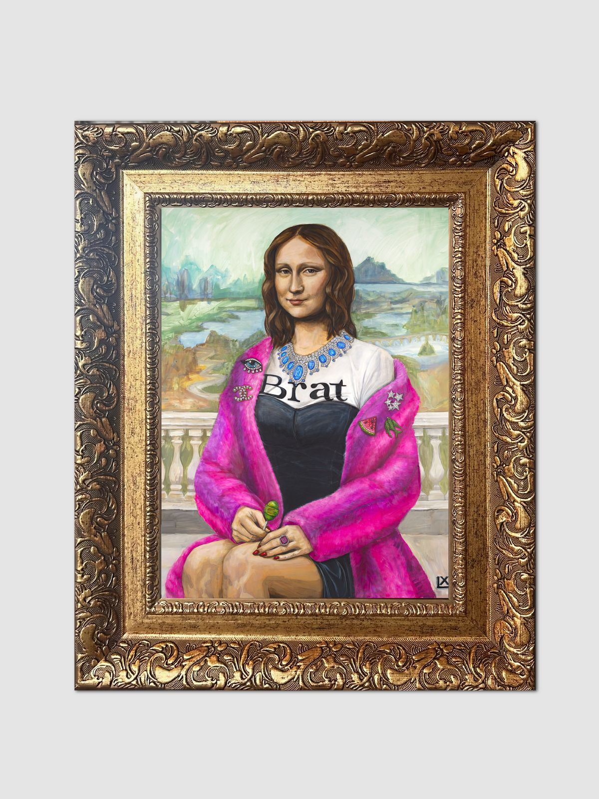 Modern Mona print by artist Lindsay Ponce in the Jacquard ornate gilt frame
