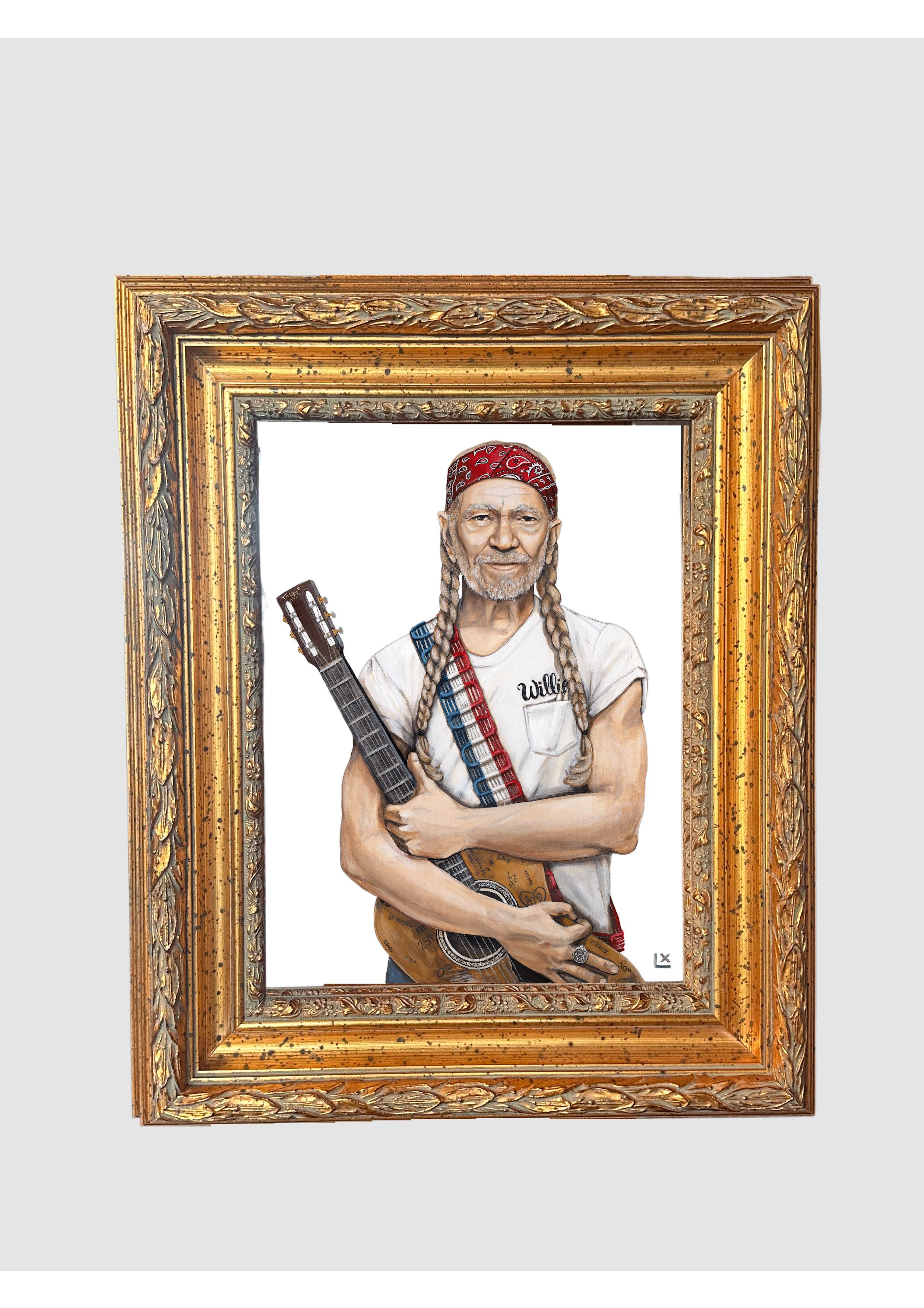Framed Paper print of Willie Nelson wearing red white and blue with guitar