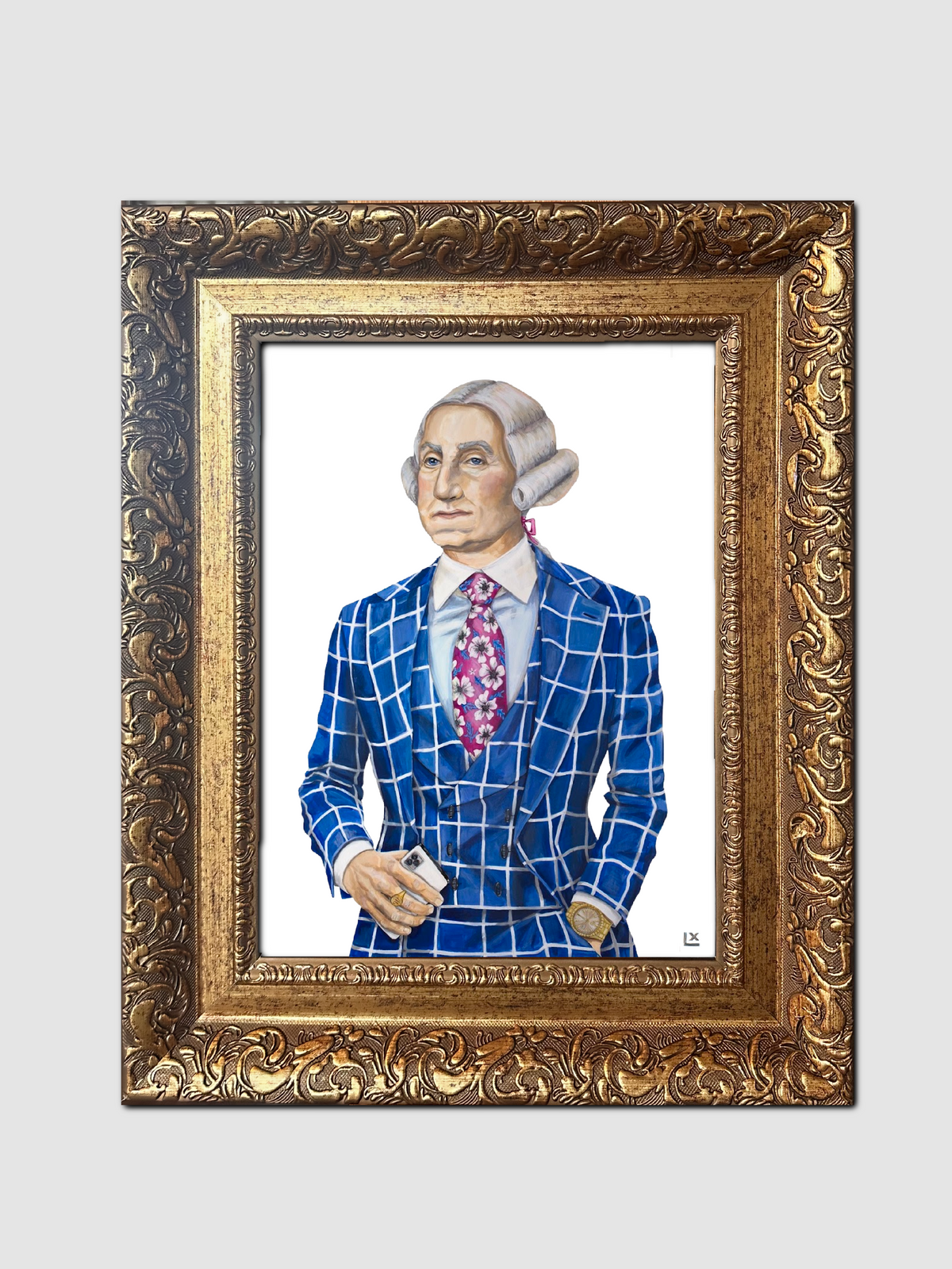 GQ George print by artist Lindsay Ponce in an ornate carved gold Jacquard frame
