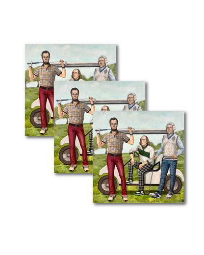 Forefathers magnet by artist Lindsay Ponce, three square vinyl magnets showing George Washington, Benjamin Franklin and Thomas Jefferson at a golf cart