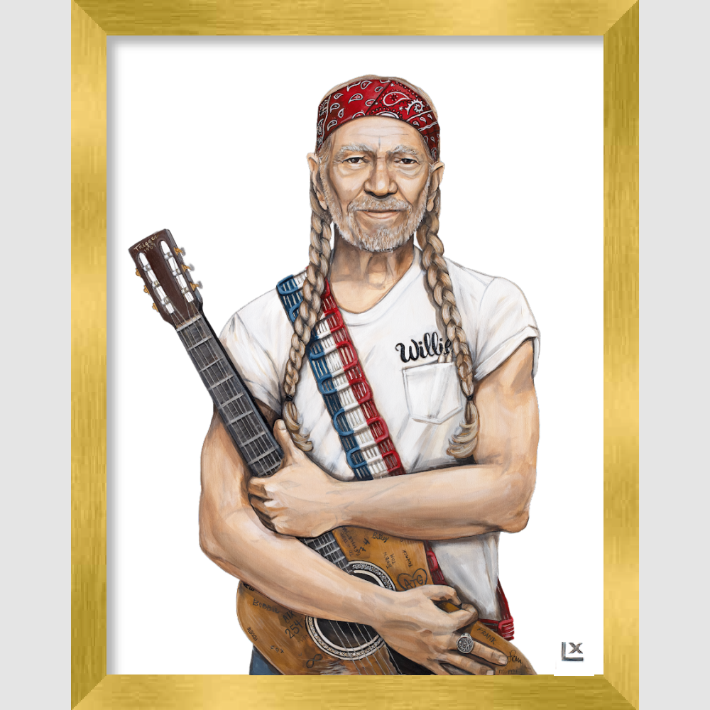 Framed Paper print of Willie Nelson wearing red white and blue with guitar