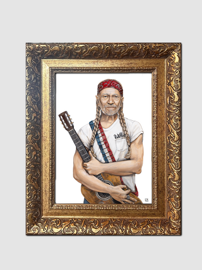 Framed Paper print of Willie Nelson wearing red white and blue with guitar