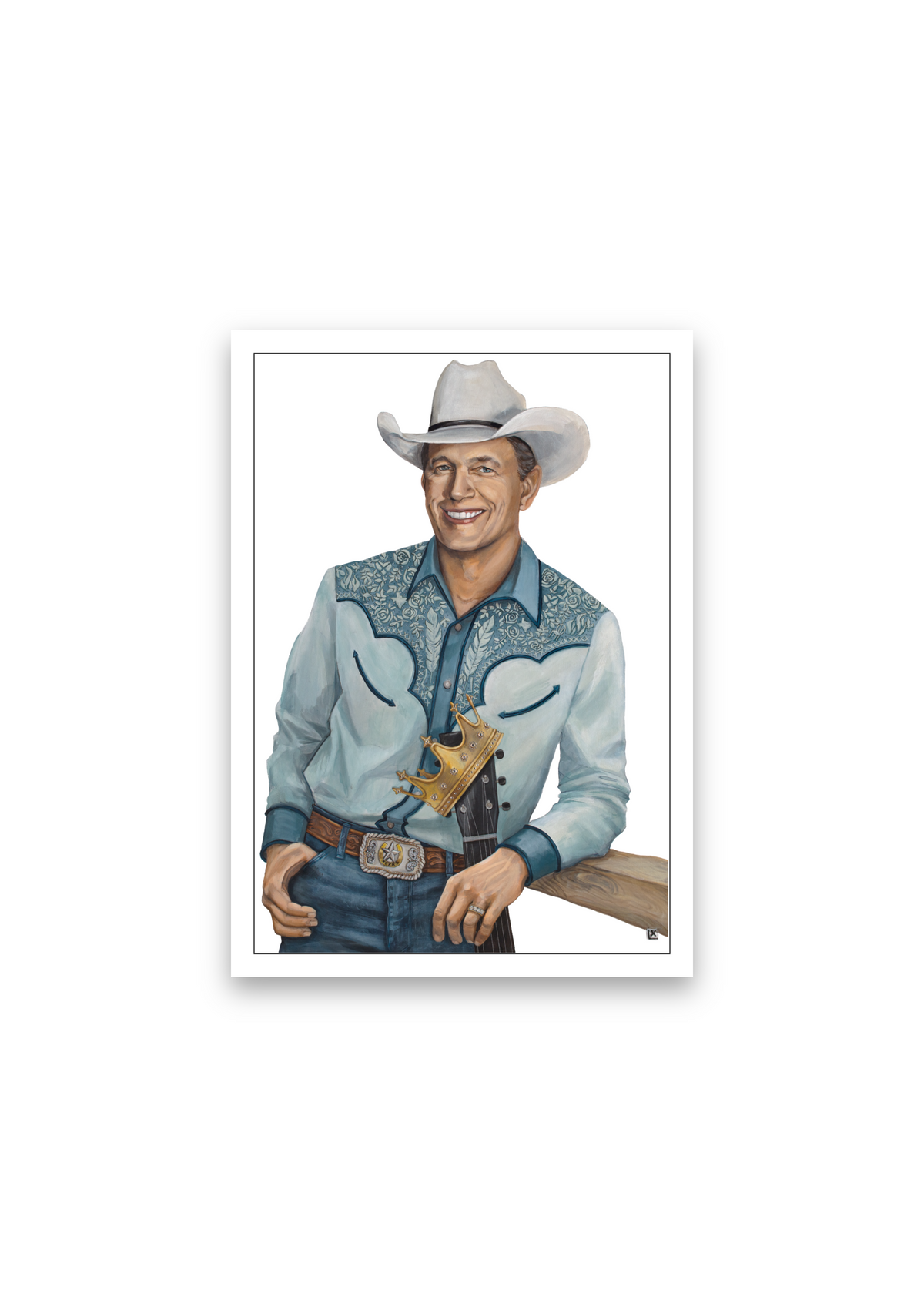Greeting card by LX Artworks, King George, George Strait in a white cowboy hat and embroidered western shirt