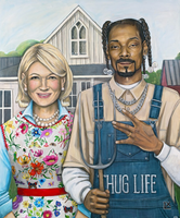 American Hustle by LX Artworks, two figures in a farmhouse scene, one in a floral dress and one in denim overalls holding a pitchfork