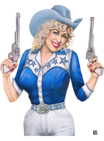 America's Sweetheart by LX Artworks, a blonde woman in a blue western shirt and cowboy hat holding two revolvers