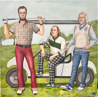 Forefathers by LX Artworks, three figures on a golf course with clubs and a golf cart