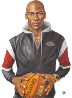 Michael Jordan by LX Artworks, a man in a black and red jacket and gold chain holding a basketball