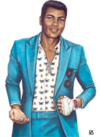 Punches and Prayers by LX Artworks, a man in a bright blue suit and butterfly-print shirt with boxing wraps on his hands