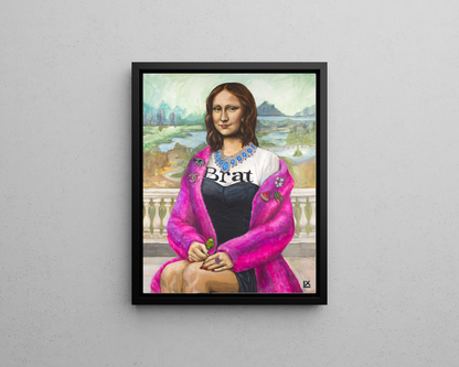 Modern Mona canvas print by artist Lindsay Ponce in a Gallery Style black floating frame on a grey wall