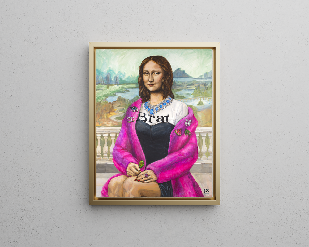 Modern Mona canvas print by artist Lindsay Ponce in a Gallery Style gold floating frame on a grey wall