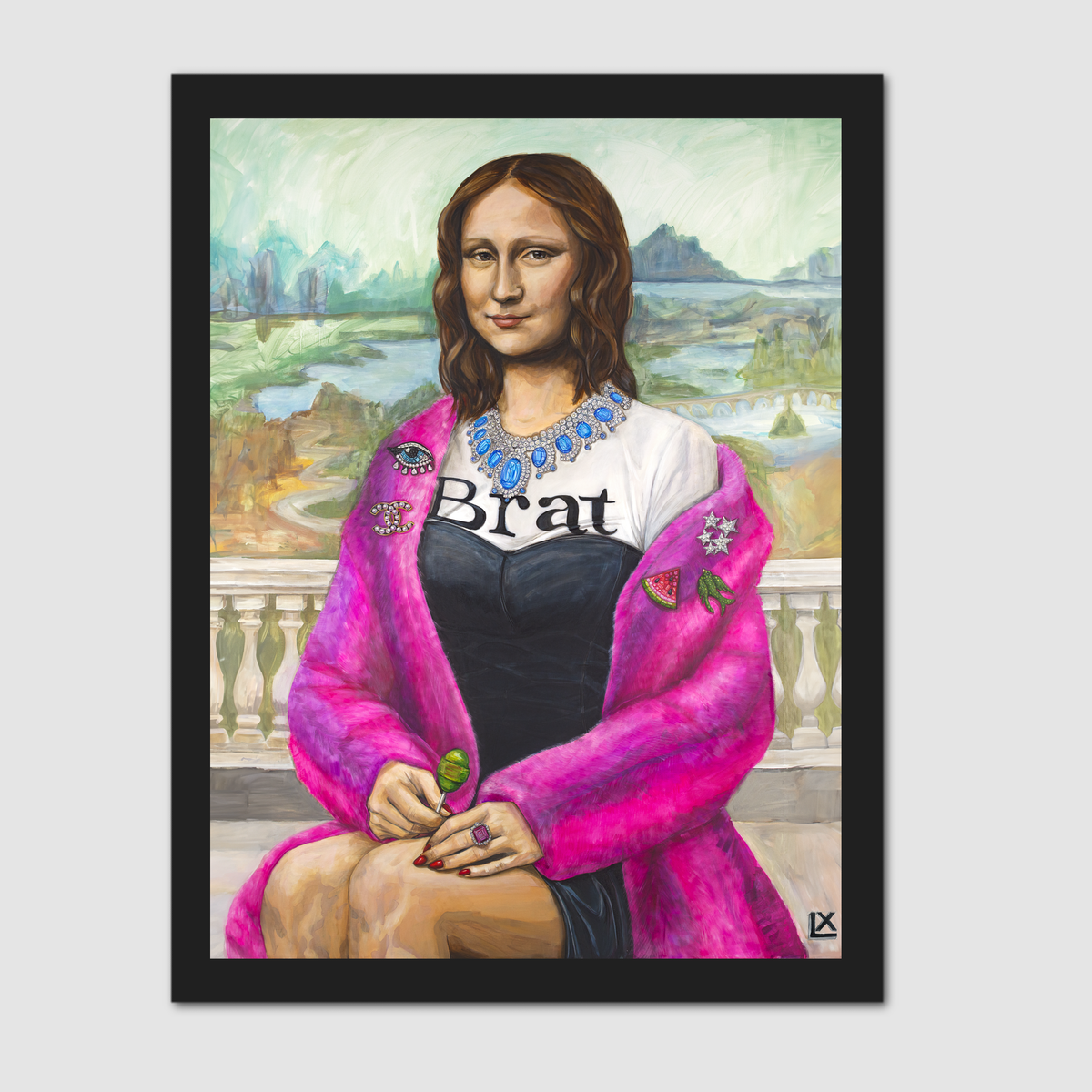 Modern Mona print by artist Lindsay Ponce in a slim black Modern frame on a grey wall