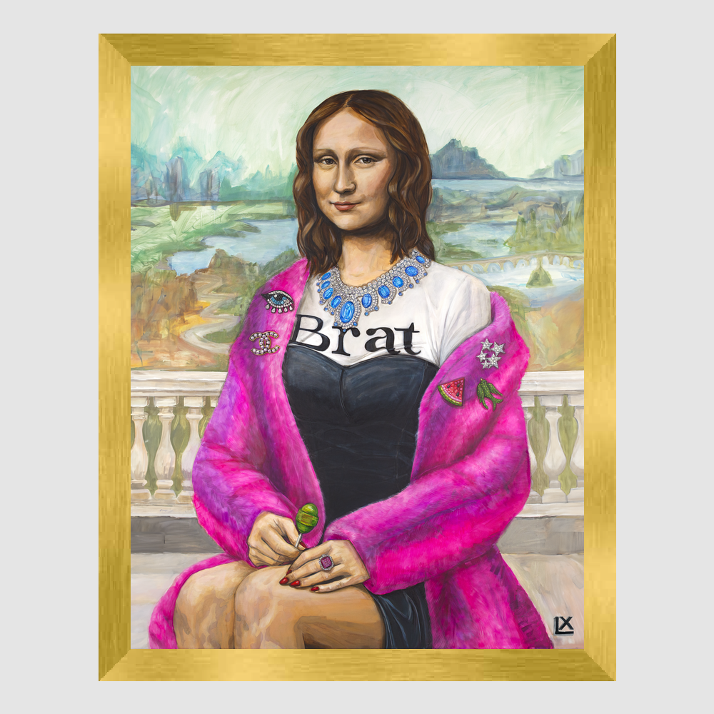 Modern Mona print by artist Lindsay Ponce in a slim gold Modern frame