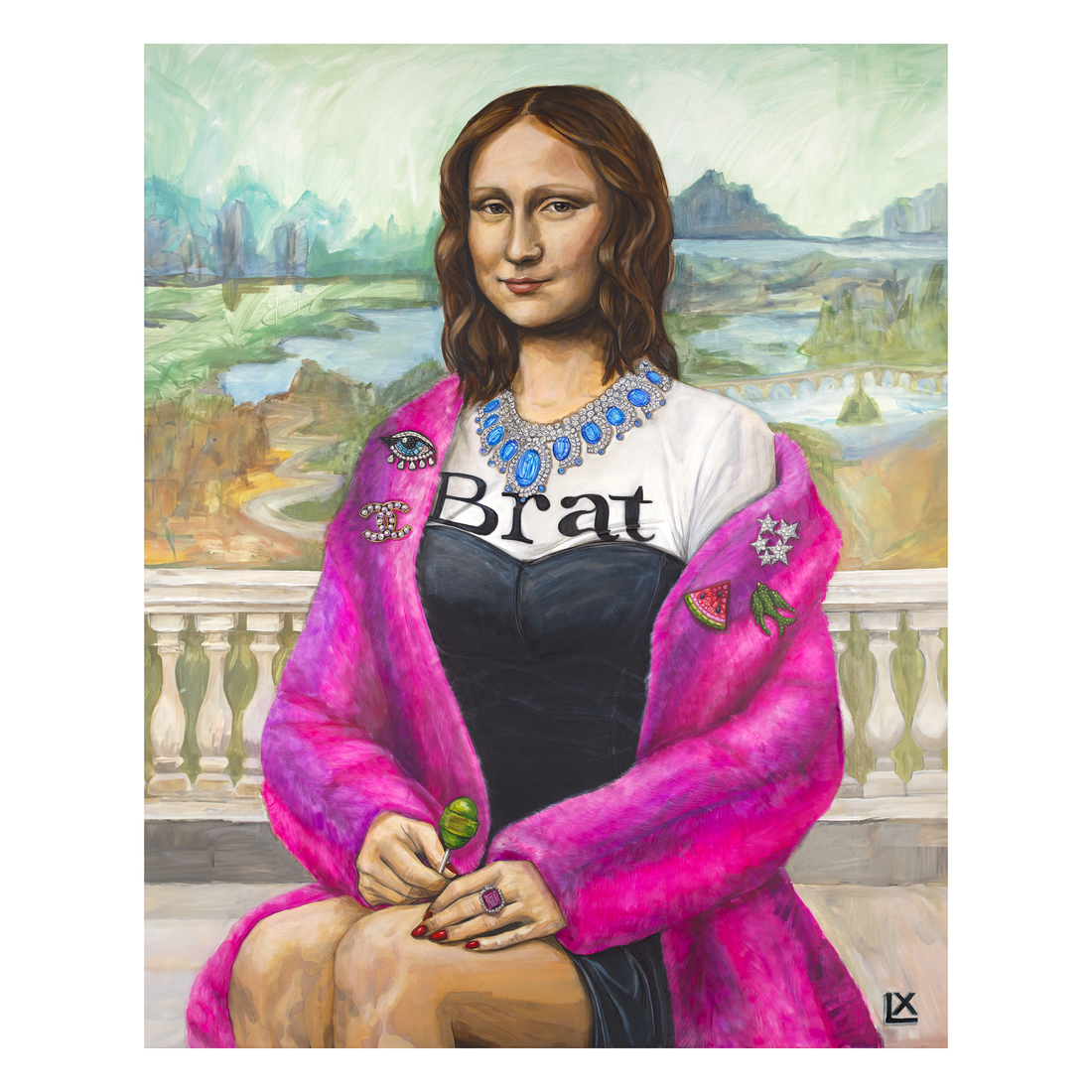 Modern Mona paper print by artist Lindsay Ponce, Lisa Gherardini of the Mona Lisa in a pink fur coat and Brat tee, unframed