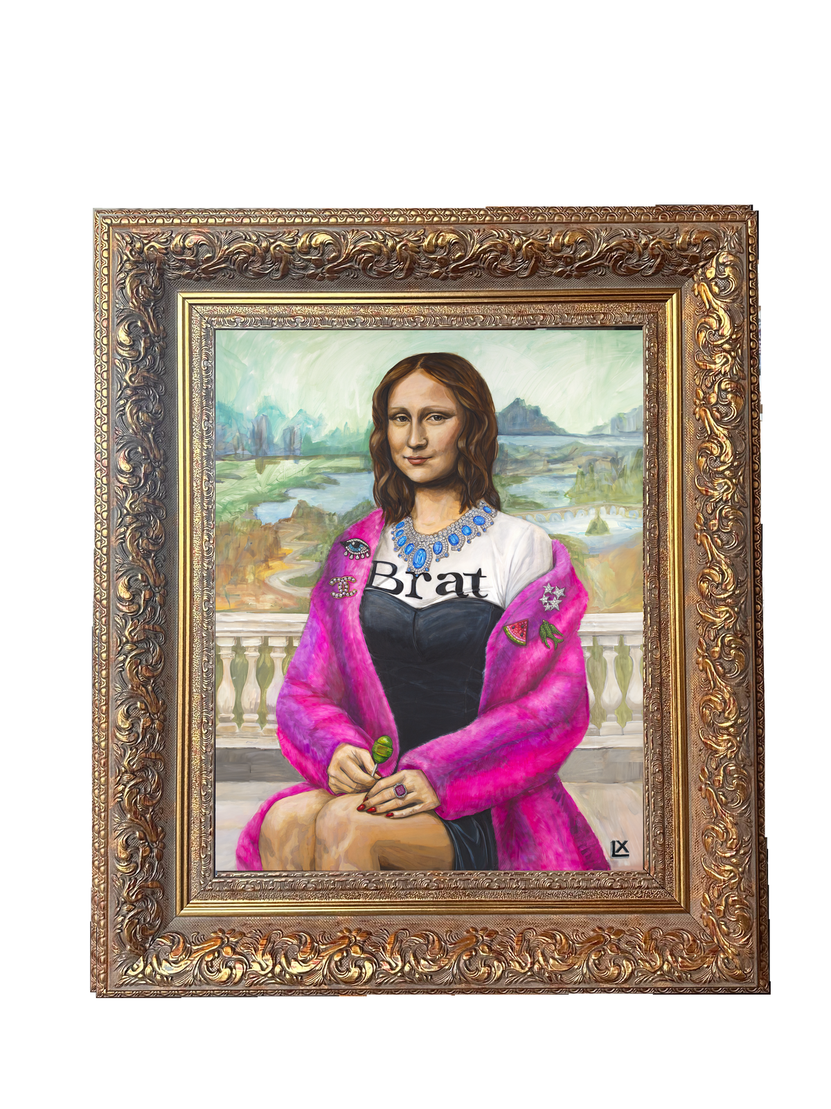 Modern Mona print by artist Lindsay Ponce in the Baroque ornate carved gold frame