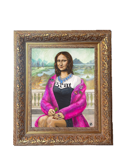 Modern Mona print by artist Lindsay Ponce in the Baroque ornate carved gold frame