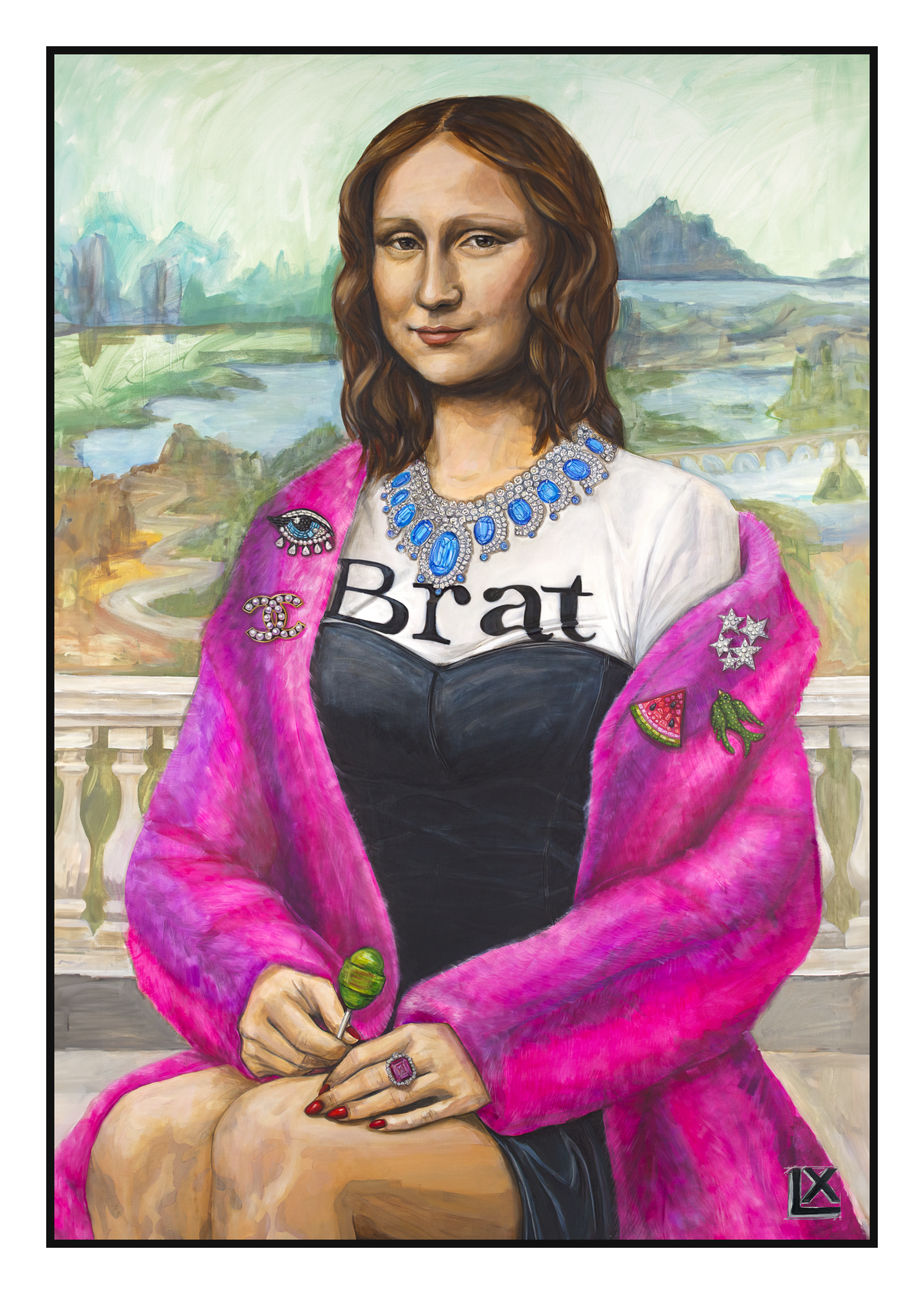 Greeting card by LX Artworks, Modern Mona, Lisa Gherardini of the Mona Lisa in a pink fur coat and Brat tee