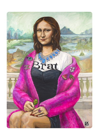 3x4 inch magnets by LX Artworks, Modern Mona, Lisa Gherardini of the Mona Lisa in a pink fur coat and Brat tee
