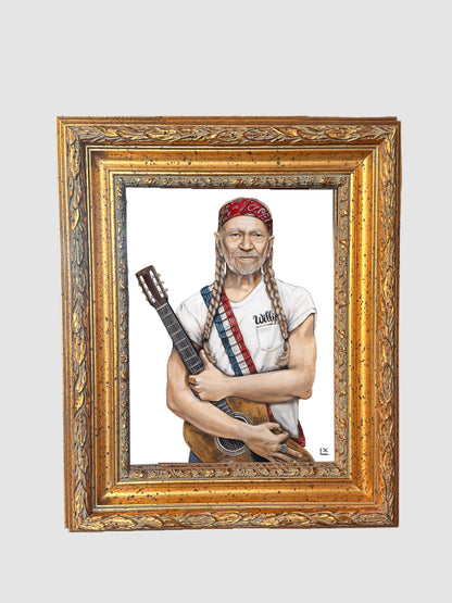 Willie Nelson wearing red white and blue with guitar