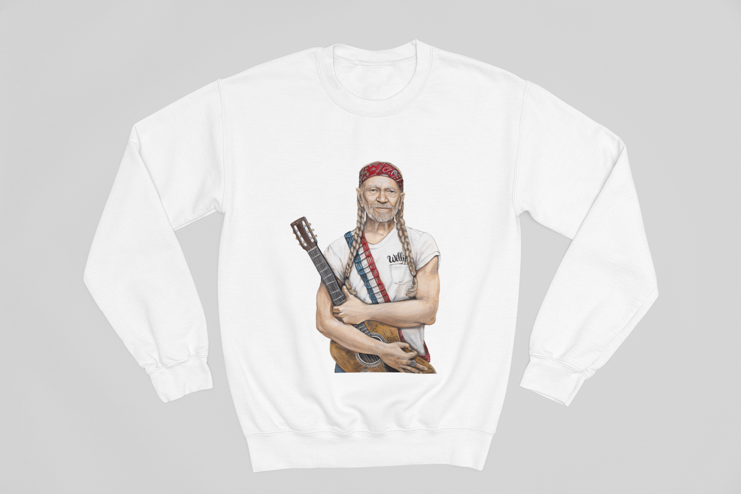 Sweatshirt featuring Willie Nelson wearing red white and blue with guitar