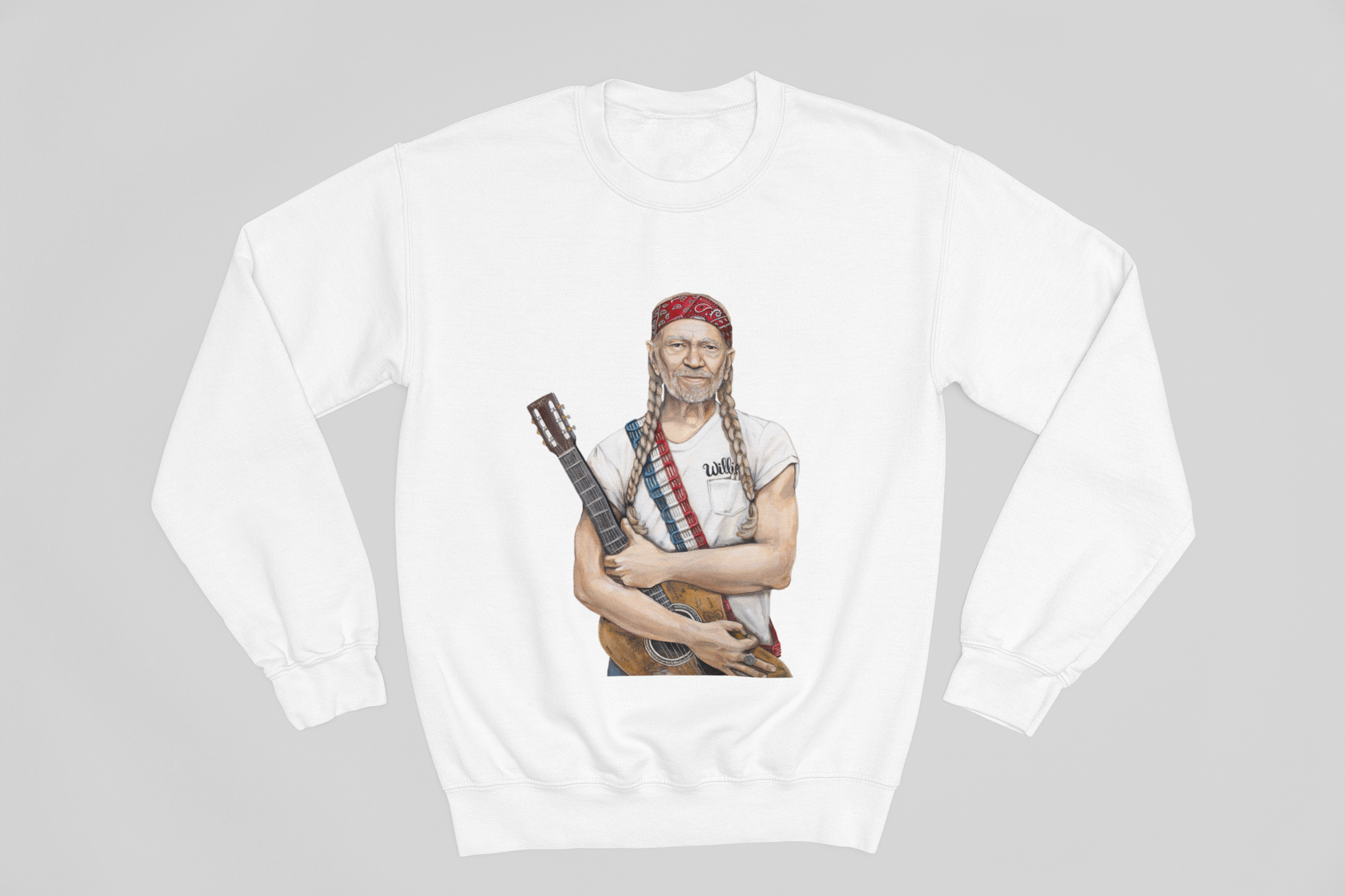 Sweatshirt featuring Willie Nelson wearing red white and blue with guitar