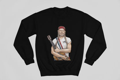 Sweatshirt featuring Willie Nelson wearing red white and blue with guitar
