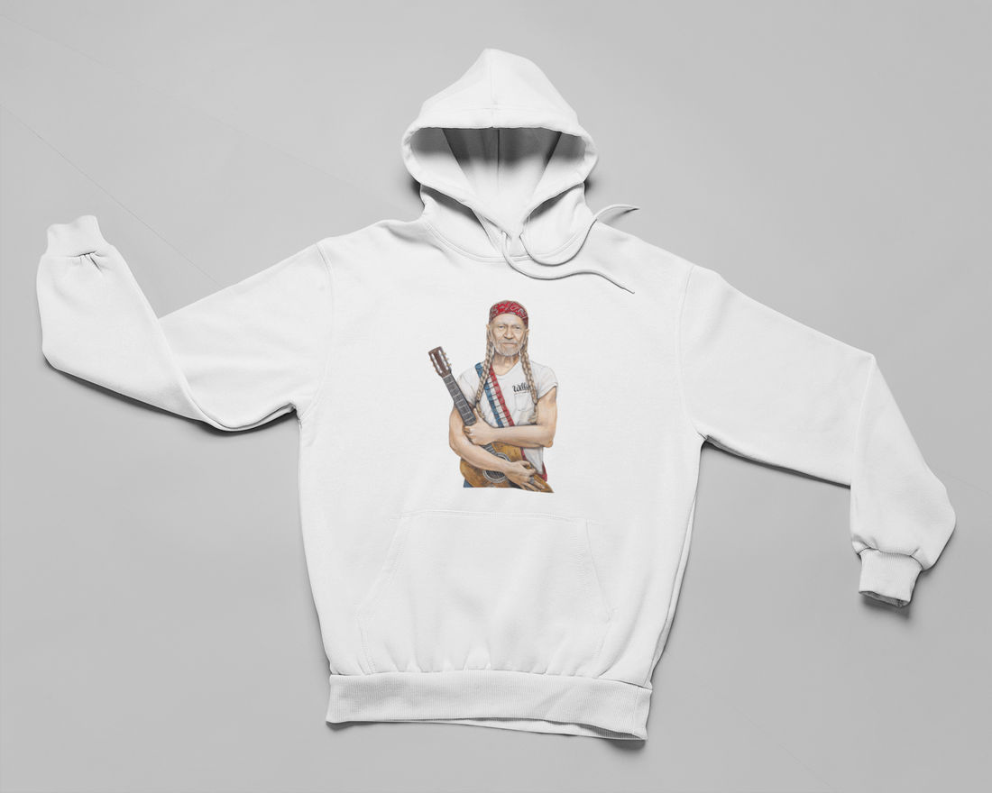 Sweatshirt featuring Willie Nelson wearing red white and blue with guitar